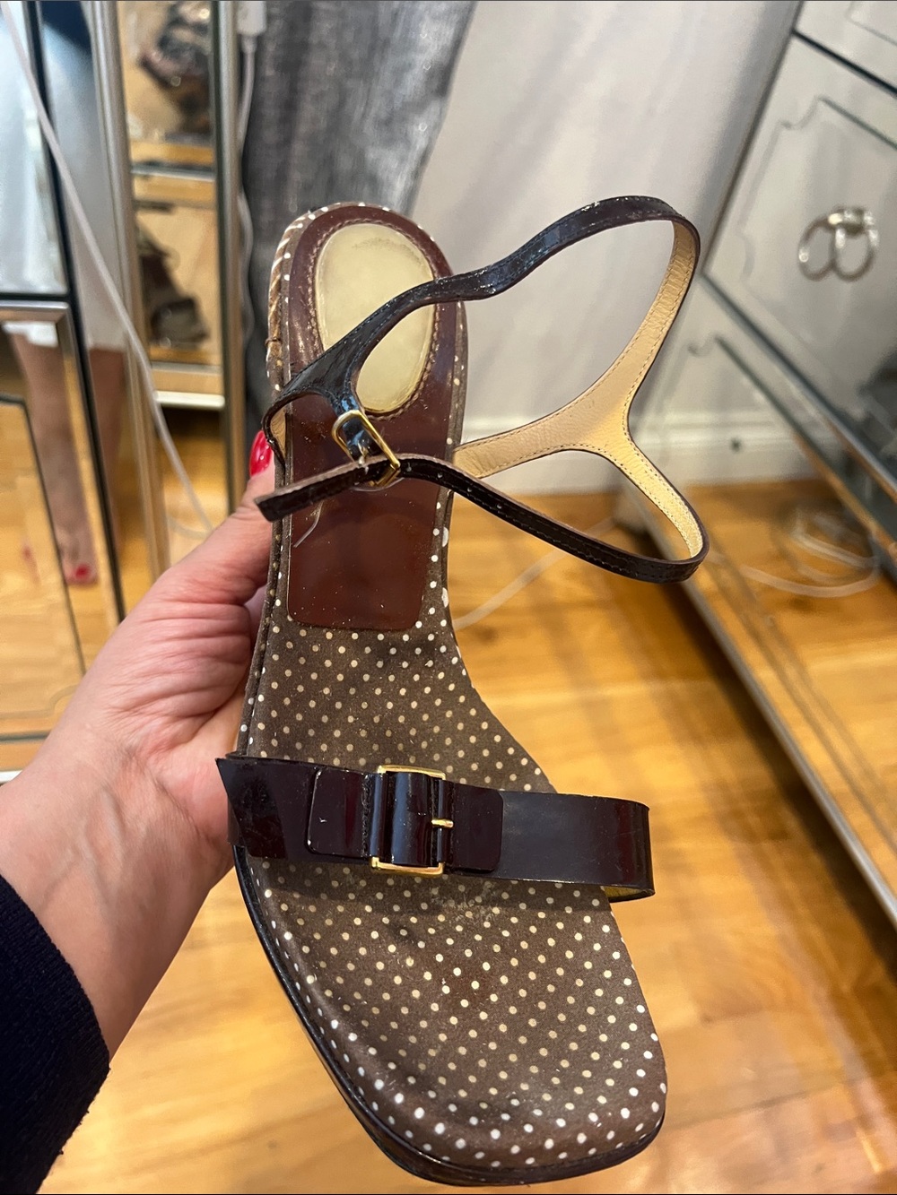 Casadei Brown Patent Leather Polka Dot Wedge Sandals - Picture 5 of 11